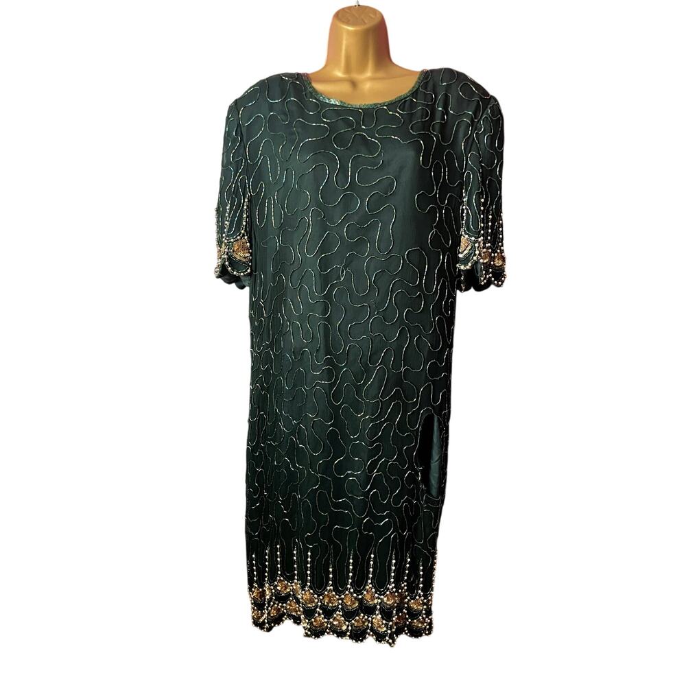 Denise Elle Vintage Emerald Silk Beaded Dress 2X Church Formal Midi VTG
